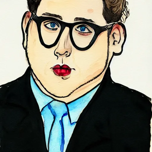 Prompt: jonah hill, stylized. Watercolor and ink. 1990s.