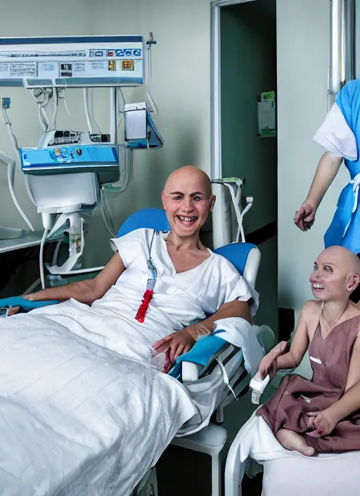 Prompt: an award winning hopeful photo of a bald 4 5 year old woman hospital patient sitting in a hospital room, wearing a hospital gown, with an iv drip, hopeful, smiles at a girl sitting on a guest chair. marketing photo by charlie waite, max rive, caroline foster.