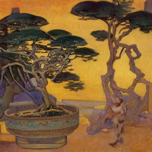 Image similar to Old African gardener cutting bonsai trees, isyllic Garden, by Annie Swynnerton and Nicholas Roerich and jean delville, glowing paper lanterns, strong dramatic cinematic lighting , ornate tiled architecture, lost civilizations, smooth, sharp focus, extremely detailed