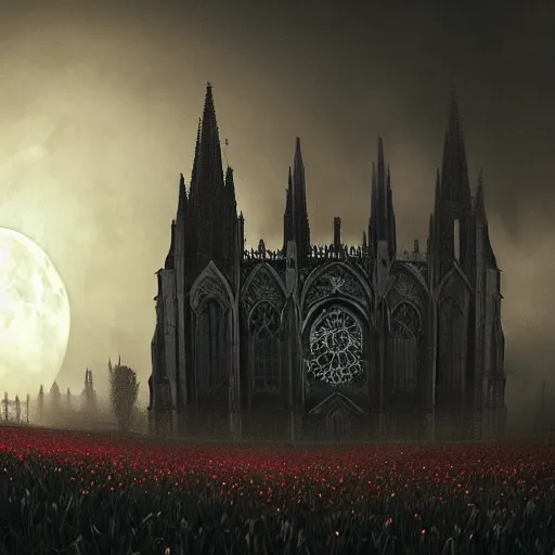 Image similar to A Gothic cathedral in a field of flowers, A huge red moon shines over the earth in the style of gustav doré.highly realistic, hyper detailed,cinematic,4k,digital art,unreal engine 5,epic lighting by greg rutkowski