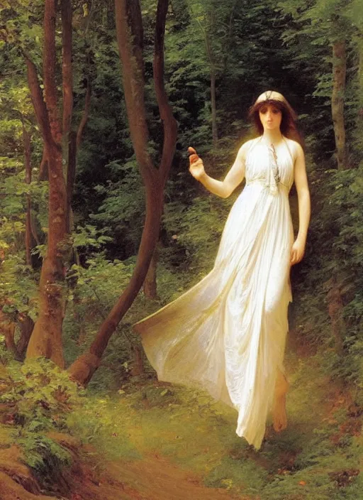Prompt: a woman with long flowing hair and a flowing white dress in a forest by robert mccall, william - adolphe bouguereau