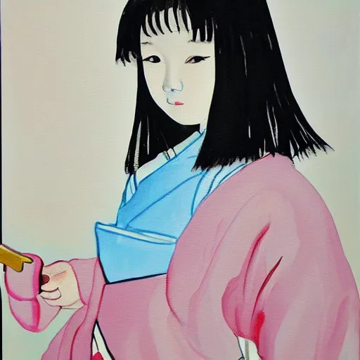 Prompt: a painting of Japanese schoolgirl, clothed, acryl