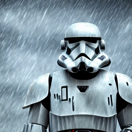 Prompt: clone trooper screaming to the sky, fine details, heavy rain, 8 k, shallow depth of field, moody lighting, cinematic lighting,