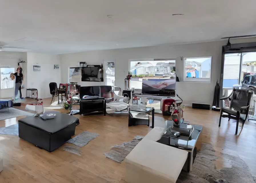 Prompt: photo of a smart car parked in a living room, wide angle