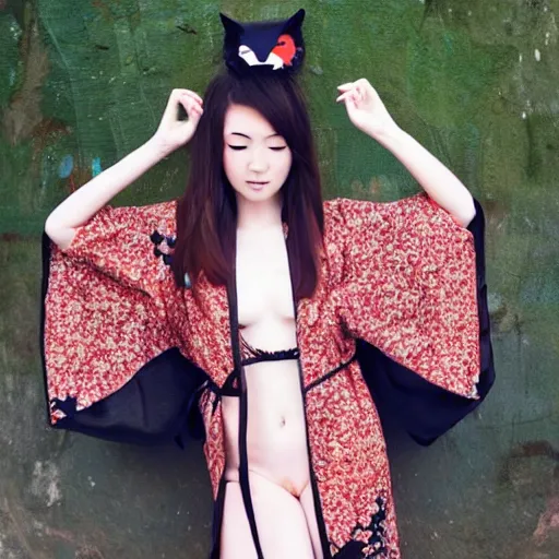 Prompt: half fox, half japanese girl with half open kimono