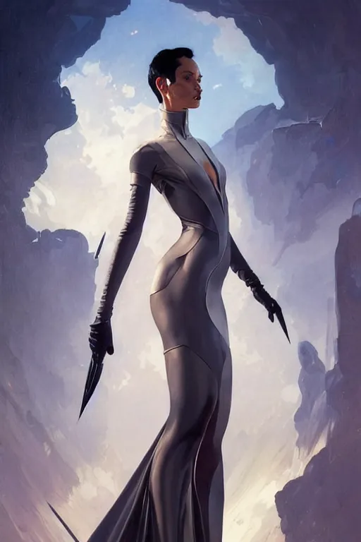 Image similar to elegant high fashion thierry mugler gown aeon flux profile picture by greg rutkowski, dynamic pose, intricate, futuristic, fantasy, elegant, by stanley artgerm lau, greg rutkowski, thomas kindkade, alphonse mucha, loish, thierry mugler, norman rockwell,