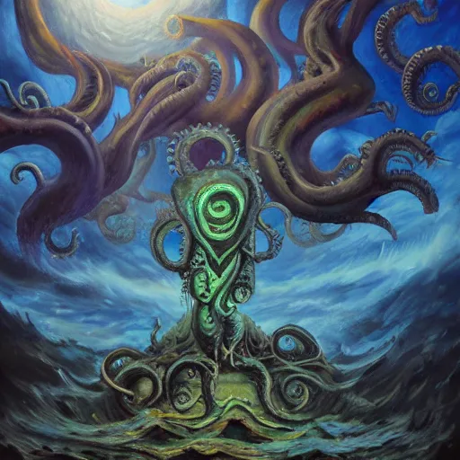 Image similar to lovecraftian old god with the hunting ground of everdreams oil painting. oil on canvas. award winning. dramatic. trending on artstation 8 k