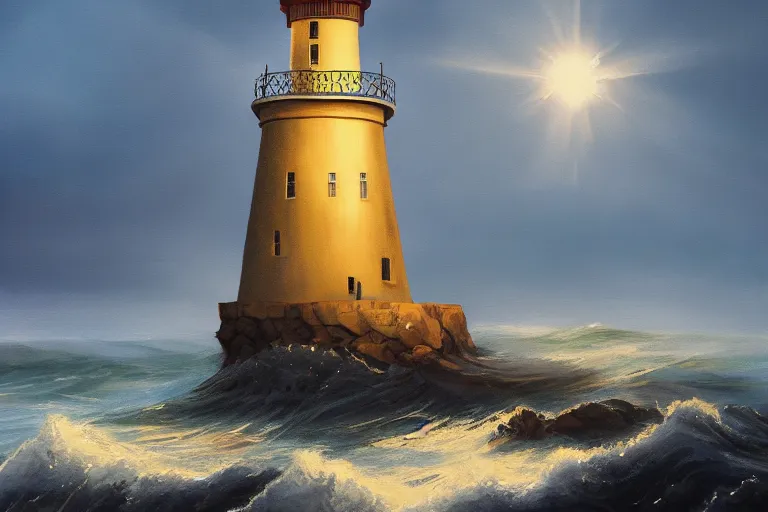 Image similar to A beautiful painting of a singular lighthouse, shining its light across a tumultuous sea by Jack Butler. very very detailed. trending on Artstation
