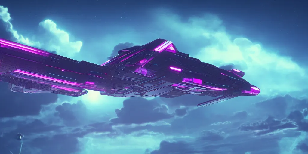 Image similar to synthwave spaceship hovering over fields and small houses, science fiction digital art, award winning, trending on artstation, digital art. highly detailed 8 k. intricate. lifelike.