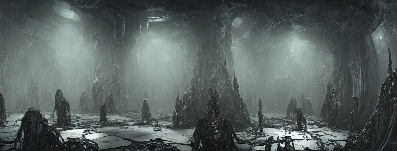 Image similar to scorn themed dark sci - fi biomechanical space ship interior, inside the torture chamber, undead alien guard figures, ethereal, ominous, dramatic cinematic lighting, volumetric 8 k, cryengine, by greg rutkowski, h. r. giger and zdizslaw beksinski, elden ring