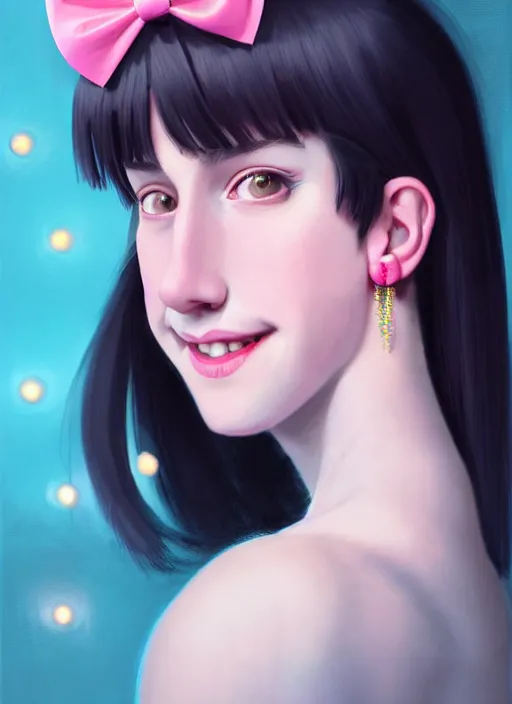 Image similar to portrait of high school girl, realistic, black hair, bangs, half updo hairstyle, pointy nose, skinny, smile, ugly, defined jawline, big chin, pink hair bow, earrings, intricate, elegant, glowing lights, highly detailed, digital painting, artstation, sharp focus, illustration, art by wlop, mars ravelo and greg rutkowski