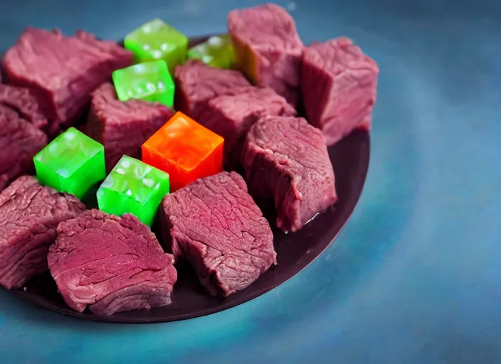 Image similar to dslr food photo still of jello mold with cubes of beef in it, 8 k, 8 5 mm, f 1. 8