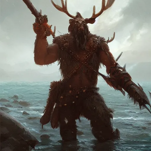 Image similar to anthropomorphic moose barbarian humanoid by greg rutkowski, pirate ship, sea, fantasy