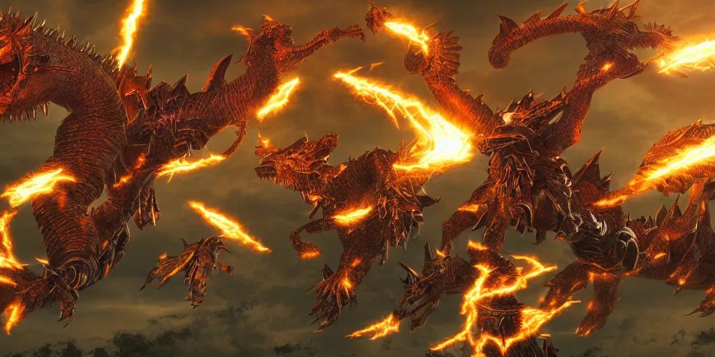 Image similar to photorealistic art of Megazord fighting Tiamat the 5 headed dragon, cinematic lighting, 8k, intricate detailing
