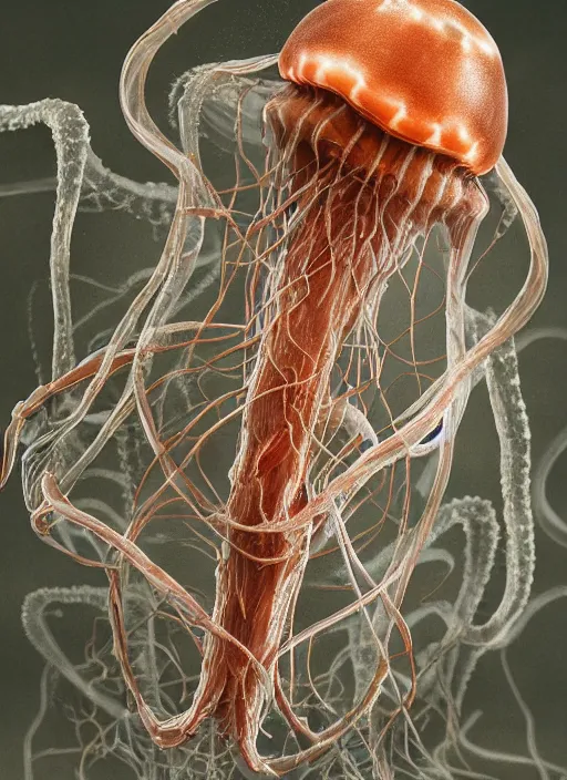 Prompt: magic jellyfish with translucent skin, visible muscles and veins and arteries and bones and spines and nerves, beautiful detailed intricate insanely detailed octane render, 8k artistic photography, photorealistic, chiaroscuro, by David Cronenberg, Raphael, Caravaggio