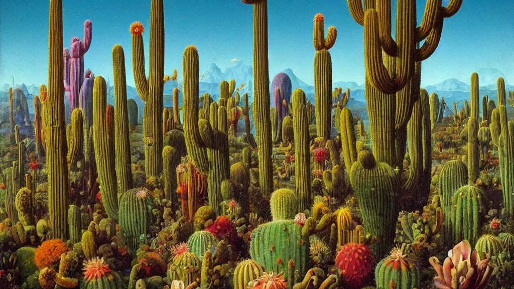 Image similar to cacti surrounded by a single colorful! ( lovecraftian ) humanoid fungus tower white! clear empty sky, a high contrast!! ultradetailed photorealistic painting by jan van eyck, audubon, rene magritte, agnes pelton, max ernst, walton ford, andreas achenbach, ernst haeckel, hard lighting, masterpiece