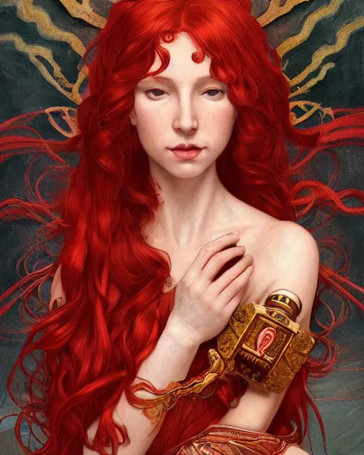 Prompt: Portrait of a red haired Goddess, she holds a spark of all creation in her hands, a tiny red dragonlet, intricate dress, wide angle, intricate, elegant, overdetailed, symmetrical, centered, professional digital painting, artstation, concept art, smooth, sharp focus, 8K, art by artgerm and greg rutkowski and alphonse mucha and loish and WLOP, heavenly emanation, daily deviation