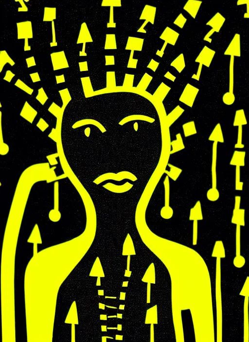 Image similar to highly detailed closeup portrait of wasteland long glowing yellow and white plasma hair cute happy tribal lady, stray electric spark wiring by jean jullien, 4 k resolution, gradient yellow, black and white color scheme!!! ( ( dystopian city background ) )