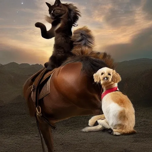 Image similar to a cat riding a dog riding a horse, realistic, 4k