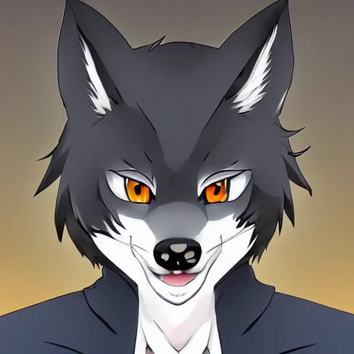 Image similar to key anime visual portrait of an anthropomorphic anthro wolf fursona, in a jacket, with handsome eyes, official modern anime art