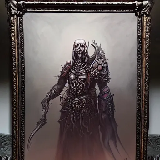 Prompt: a hyper realistic oil painting of a necromancer from diablo, dark fantasy, horror, retro fantasy