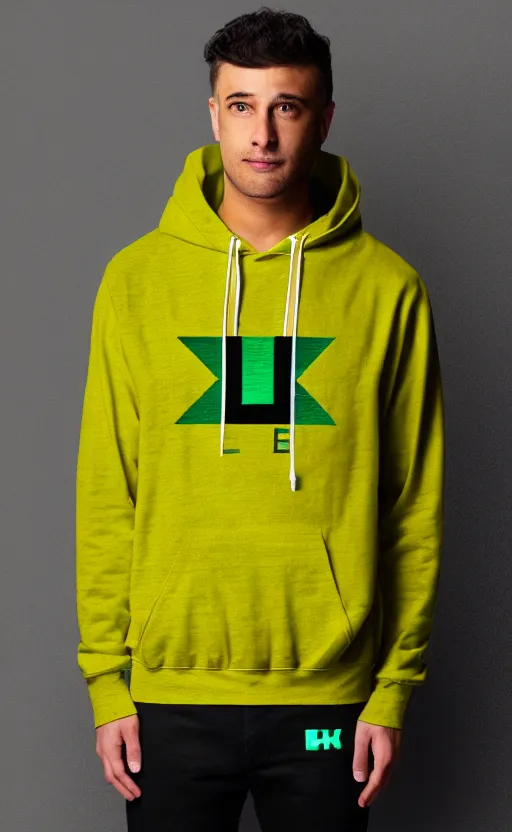 Image similar to hoodie with letter l logo, yellow, green, trendsetter, fashion of the year, eccomerce, fiction, stability, intricate, elegant, 8 k, uhd, justify, artstation, concept art, matte, sharp focus, illustration, consistent, highly detailed object content, proportional object content