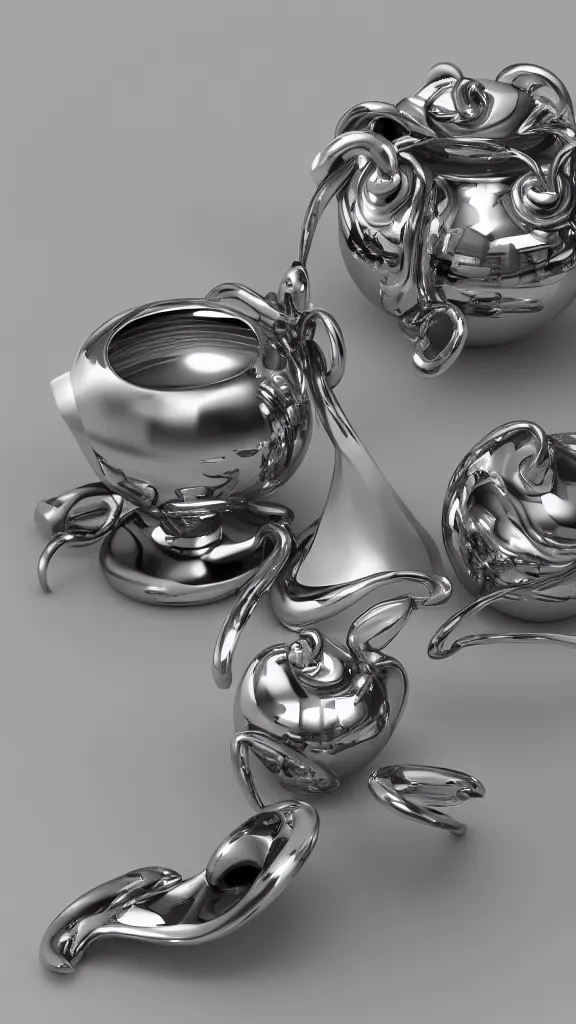 Image similar to hyper - futuristic abstract 3 d chrome objects, solarised, liquid metal, food related, octane render, extremely detailed