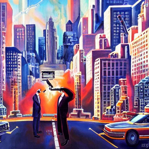 Image similar to a beautiful complex painting of a robot pointing a gun at elon musk the background is the street of new york