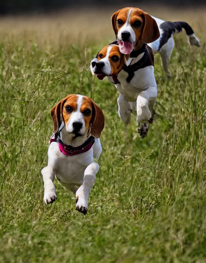 Image similar to a beagle running in a field, 8k, depth of field.