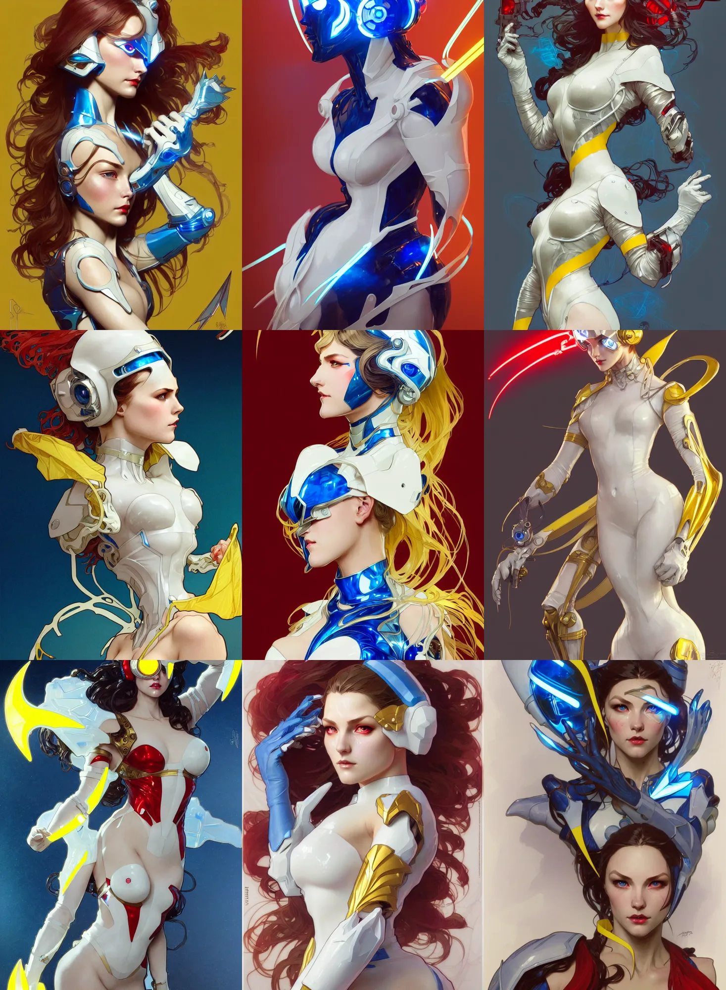 Image similar to a character design by artgerm, greg rutkowski and alphonse mucha. sci - fi dagger. laser white and yellow tape and red translucent plastic tape project show attctive showgirl!! sci - fi helmet electric blue eyes!! sharp edges. contour light effect!! ultra detailed, elegant, intricate, octane render.