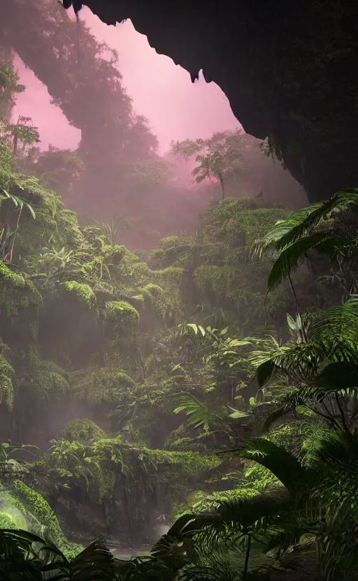 Image similar to a beautiful render of a dark prehistoric rainforest in a humongous cave, lush flora, patches of yellowish - magenta sky, sunset, floating mountains and a waterfall in the background, intricate detail, hazy, humid, volumetric lighting, 8 k, photorealistic, raytracing effects, unreal engine 5