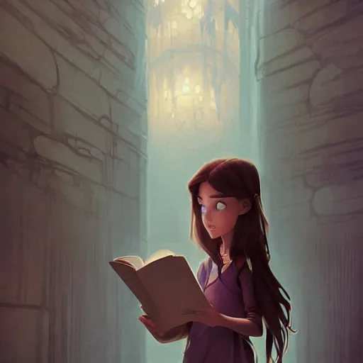 Image similar to a pixar girl reading a book, long hair flowing down, symmetrical!, style of by Jordan Grimmer and greg rutkowski, crisp lines and color,