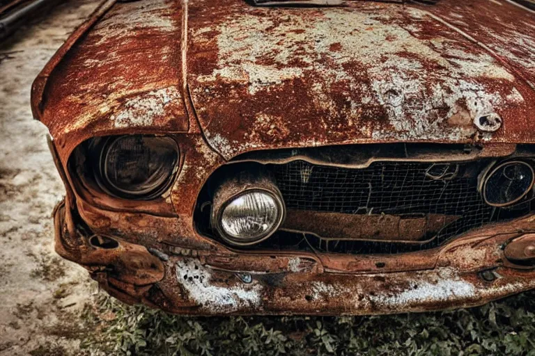 Prompt: A closeup of a rusty old mustang in an abandoned big workshop, sun lighting from above, taken with a Leica camera, overgrown foliage, ambient lighting, bokeh, sunset time, highly detailed art