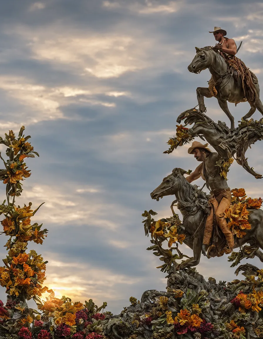 Image similar to a cowboy turning into blooms in real life. volumetric lighting, beautiful, golden hour, sharp focus, ultra detailed. by leesha hannigan, ross tran, thierry doizon, kai carpenter, ignacio fernandez rios, tropical sea slugs. bold complementary colors. 4 k, 3 5 mm, fujifilm, sculpture by antonio canova