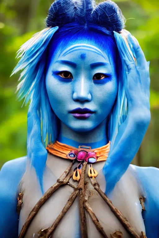 Prompt: a korean woman dressed as a blue-skinned female navi from avatar standing in a forest, blue body paint, high resolution film still, 8k, HDR colors, cosplay, outdoor lighting, high resolution photograph, photo by bruce weber, beautiful symmetric face