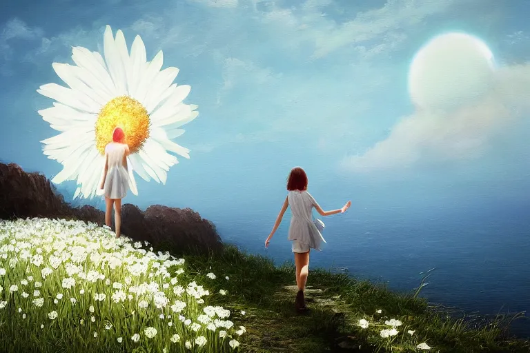 Image similar to giant white daisy flower head, girl walking on cliff, surreal photography, solar eclipse, milky way, dramatic light, impressionist painting, clouds, digital painting, artstation, simon stalenhag