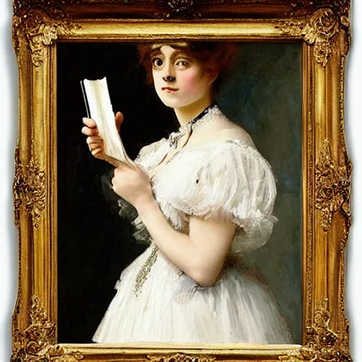 Prompt: young victorian lady in ball gown, absent - minded, holding a book, painted by alfred stevens