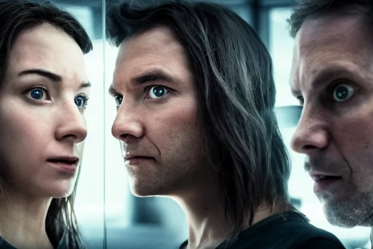 Image similar to movie closeup polar opposites, couple, researchers in a futuristic weapons lab, beautiful skin, Symmetrical faces. Beautiful lighting by Emmanuel Lubezki