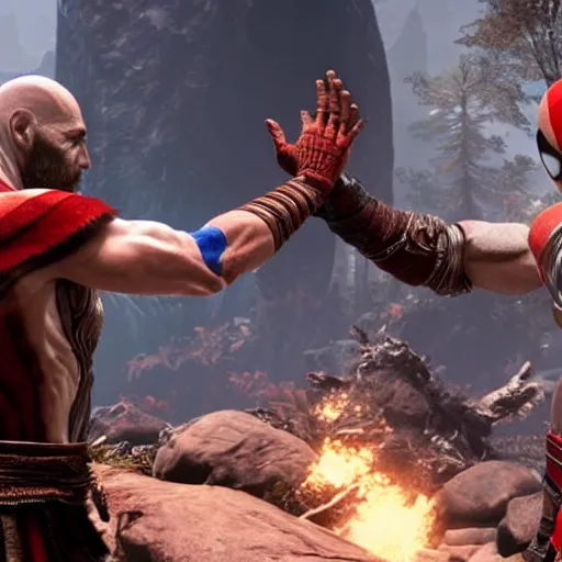 Image similar to screenshot of the game God of War with Kratos and Spiderman high fiving | Sony Pictures official media | Spiderman | Spiderman | Spiderman