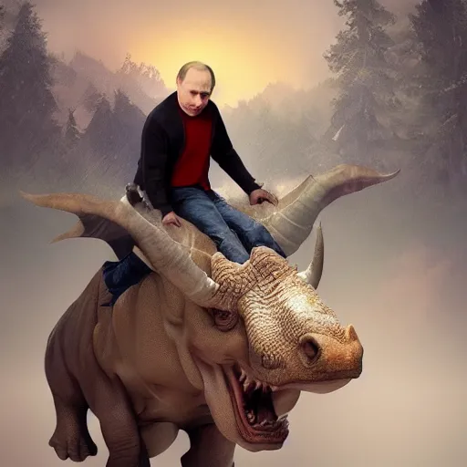 Image similar to Vladimir Putin riding a triceratops, digital art, trending on artstation, 8k, hyper realistic