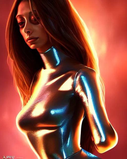 Image similar to portrait of angela sarafyan as a beautiful cyborg, wlop, artgerm, artstation, metallic carbon fiber