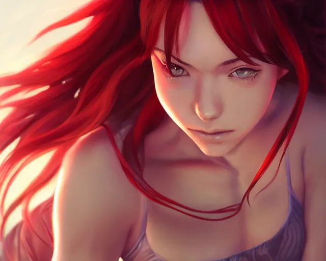 Prompt: beautiful portrait of Rias Gremory, sports bra, red braided hair, by charlie bowater, ross tran, artgerm, and makoto shinkai, detailed, soft lighting, rendered in octane