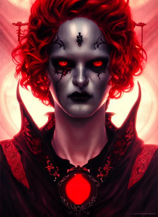 Image similar to the god hades, red hair, glowing eyes, volumetric lights, black and red scheme, art nouveau botanicals, gothic, intricate, highly detailed, digital painting, artstation, concept art, smooth, sharp focus, symmetric face, illustration, steampunk, art by artgerm and greg rutkowski and alphonse mucha