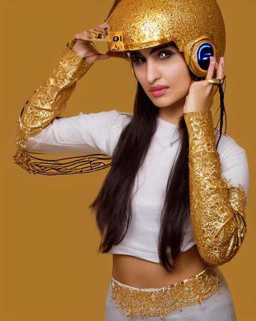 Image similar to centered medium shot fine studio photograph of a beautiful persian girl wearing a persian solarpunk electronic helmet with led lights, golden ornaments, ultra-realistic, white background, 8k HDR morning light, intricate detail