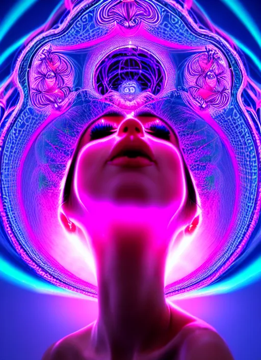 Image similar to absurdly beautiful female figure with beautiful human face, cervix awakening, portal, fractals swirling outward, glowing internal light, hyperdetailed, intricate linework, purple, deep blue, hot pink, dark atmosphere, unreal engine 5 highly rendered, global illumination, radiant light, detailed and intricate environment