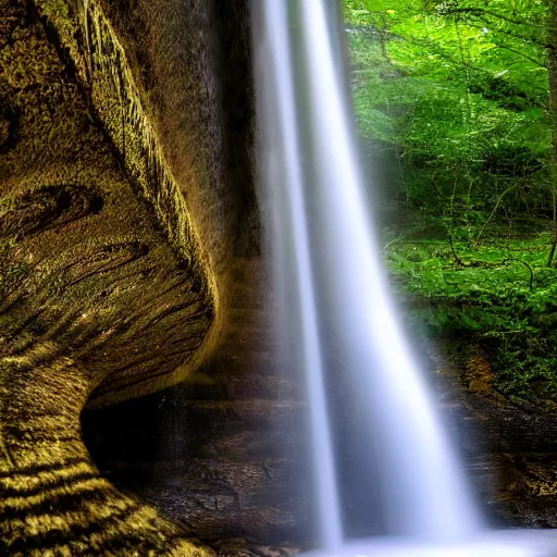 Prompt: professional photograph of a fancy infinite spiral library, waterfall, surrounded by nature, 4 k, 8 k, hd