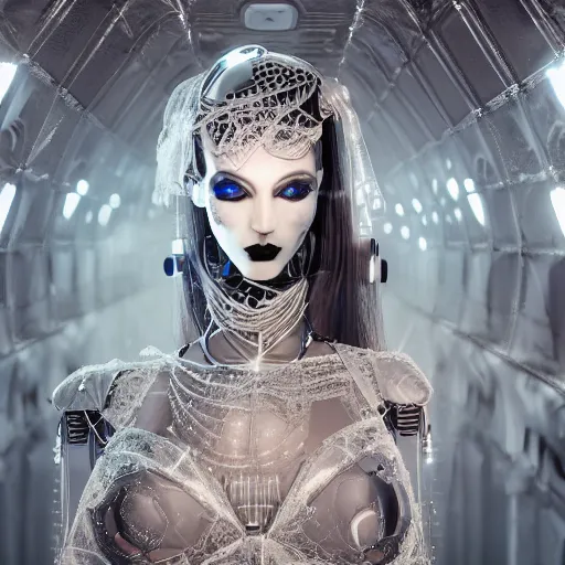 Prompt: female gothic robots with transparent head with mechanical brain, detailed diamond face, sensual pose, dressed in white intricate lace and jewels, epic environment, matte painting, diffused lighting, highly detailed, cinematic, epic atmosphere, digital art, trending on artstation, wide angle