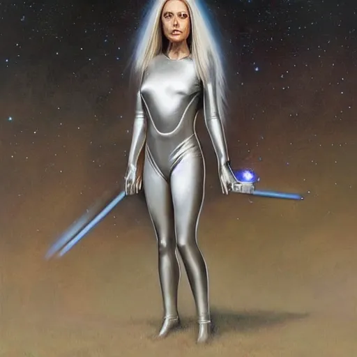 Prompt: pleiadian woman with big eyes and long silver hair wearing a dark body suit and holding a plasma gun as a realistic sci fi character, portrait art by donato giancola and greg rutkowski, digital art, trending on artstation, standing in a barren field, silver hair