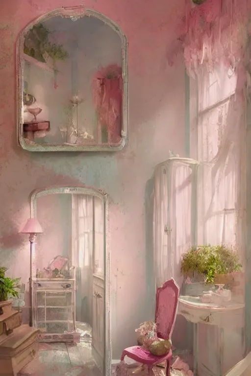 Image similar to beautiful digital matte painting of a whimsical botanical shabby chic dressing room by greg rutkowski and edward hopper, vivid artstation, behance hd