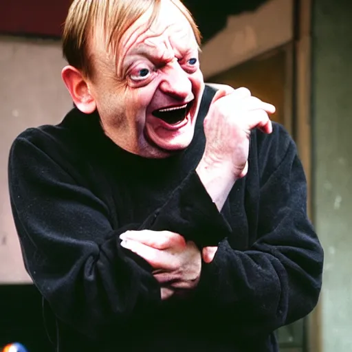 Image similar to Mark E Smith laughing at Fred Durst who is crying and screaming